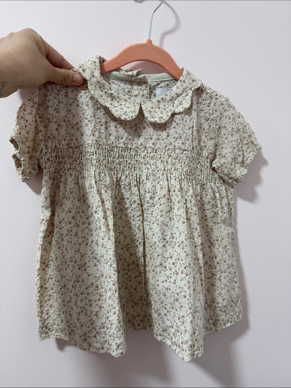 Girls Cream Floral Smocked Peter Pan Collar Top
